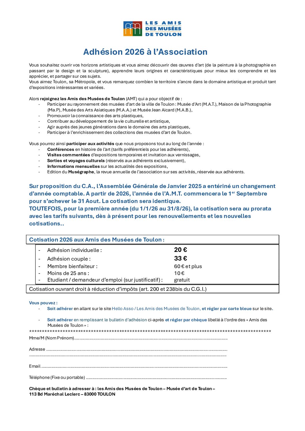 Adhésion 2026 bulletin